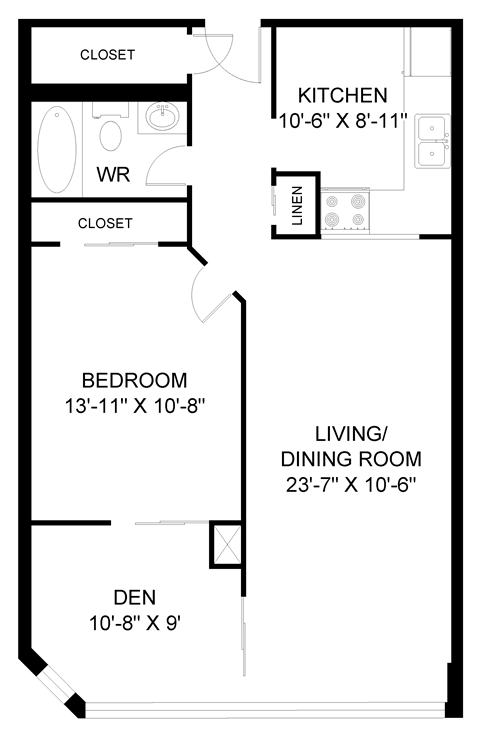 Floor plan for 1 bed, 1 bath, 773 sqft
